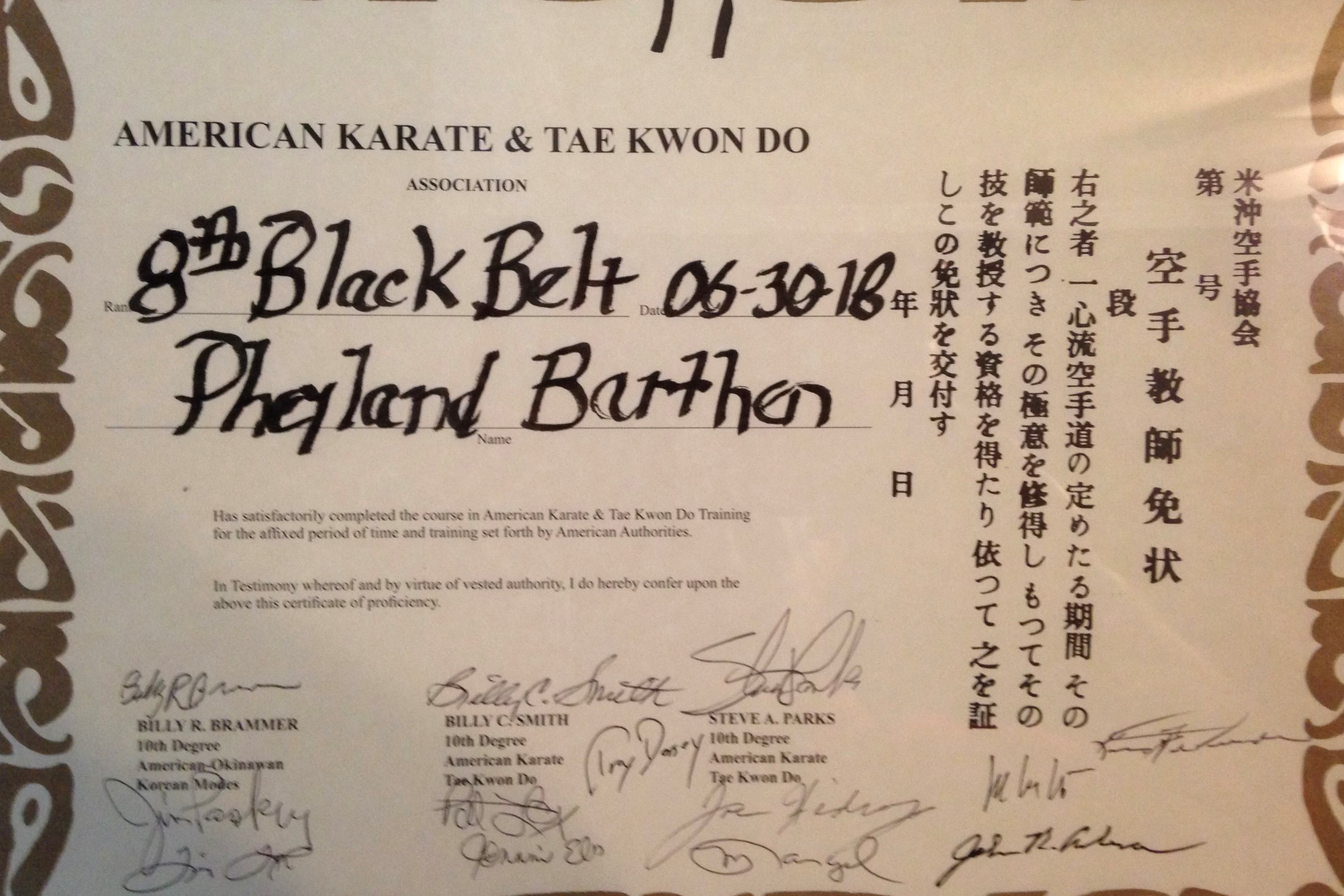 Pheyland Barthen's 8th degree black belt certificate