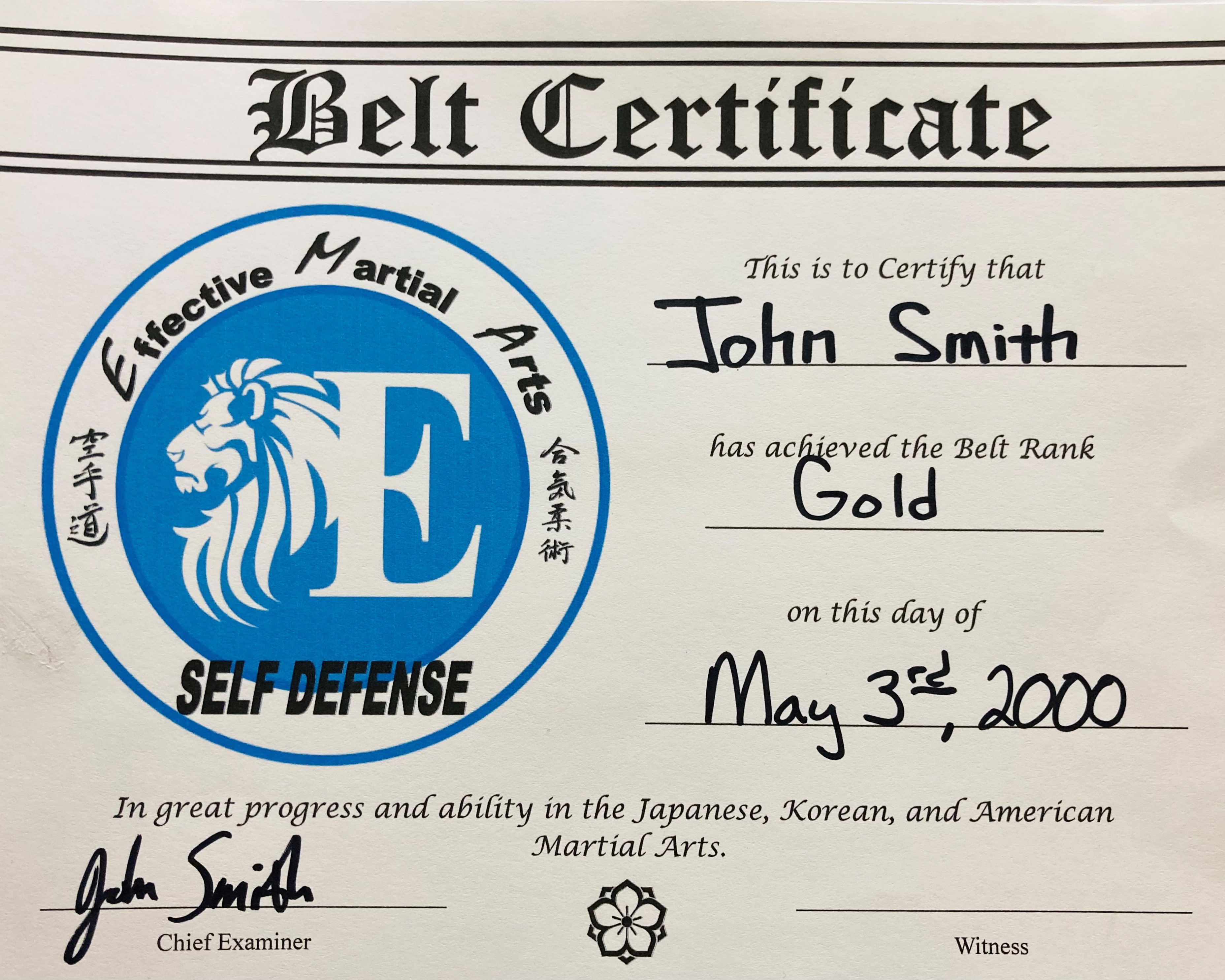 Example Gold Belt Certificate